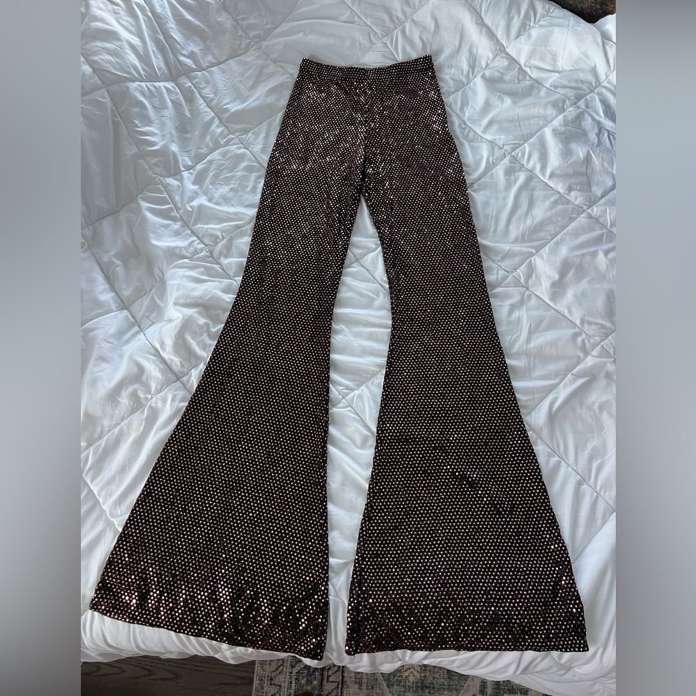 PrettyLittleThing High Rise Wide Leg Black Pants with Pink/Brown Sequins Size 4